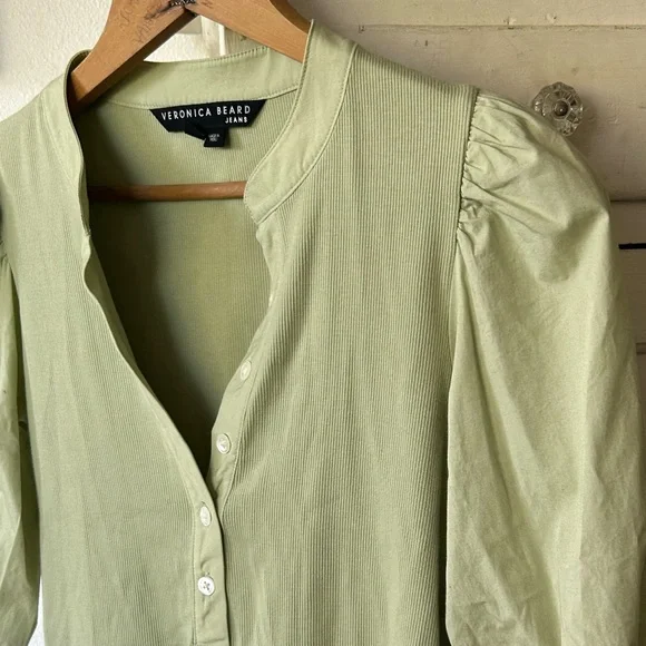 Veronica Beard Pale Green Puff Sleeve Henley Top - Picture 8 of 16